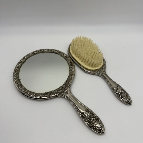 Other - Vintage Silverplate Vanity Hand Mirror & Hair Brush Set Ornate Floral Repousse